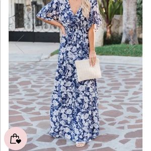 NWOT Pink Lily Sunshiny Days Smocked Waist in Floral Navy Maxi Dress.